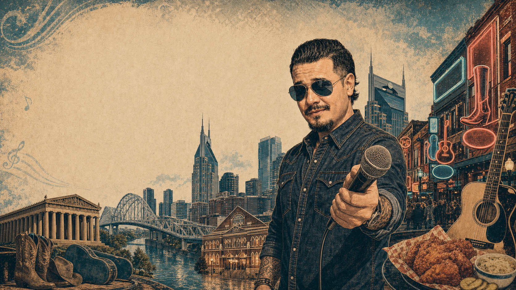 Nashville comedy city guide postcard with Manny holding a microphone, Broadway, Ryman Auditorium, the Batman Building, pedestrian bridge, Parthenon, hot chicken, boots, and guitar