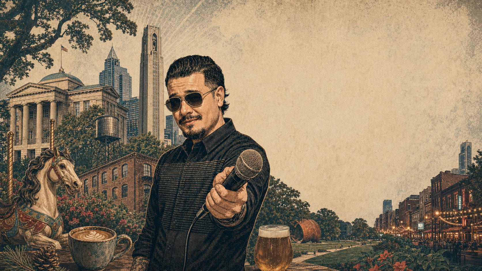 Raleigh comedy city guide postcard with Manny holding a microphone, oak trees, downtown Raleigh, Capitol columns, brick district, carousel, bell tower, park space, coffee, and brewery details
