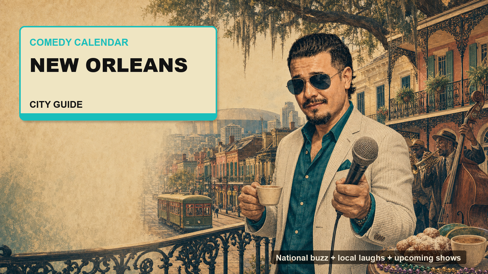 New Orleans Comedy Calendar city guide postcard with Manny holding a microphone, French Quarter balconies, streetcar, jazz musicians, beignets, and city skyline