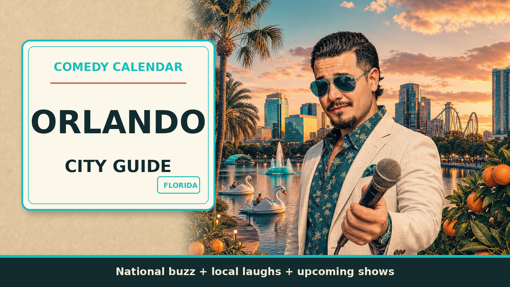 Orlando Comedy Calendar city guide postcard with Manny holding a microphone near Lake Eola, palm trees, orange groves, skyline, and a theme park silhouette