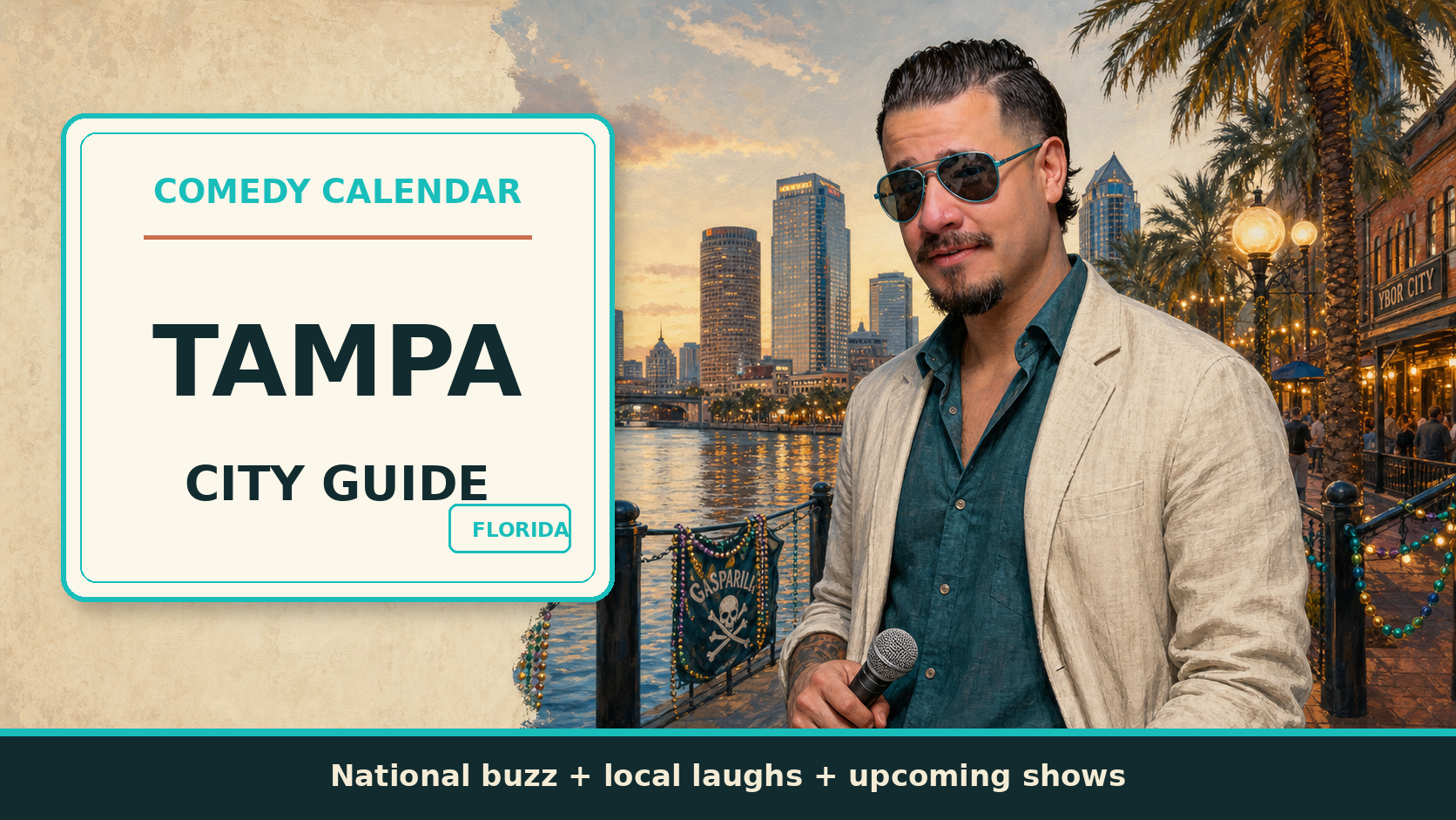 Tampa Comedy Calendar city guide postcard with Manny holding a microphone by the Riverwalk, downtown skyline, palm trees, and warm waterfront lights
