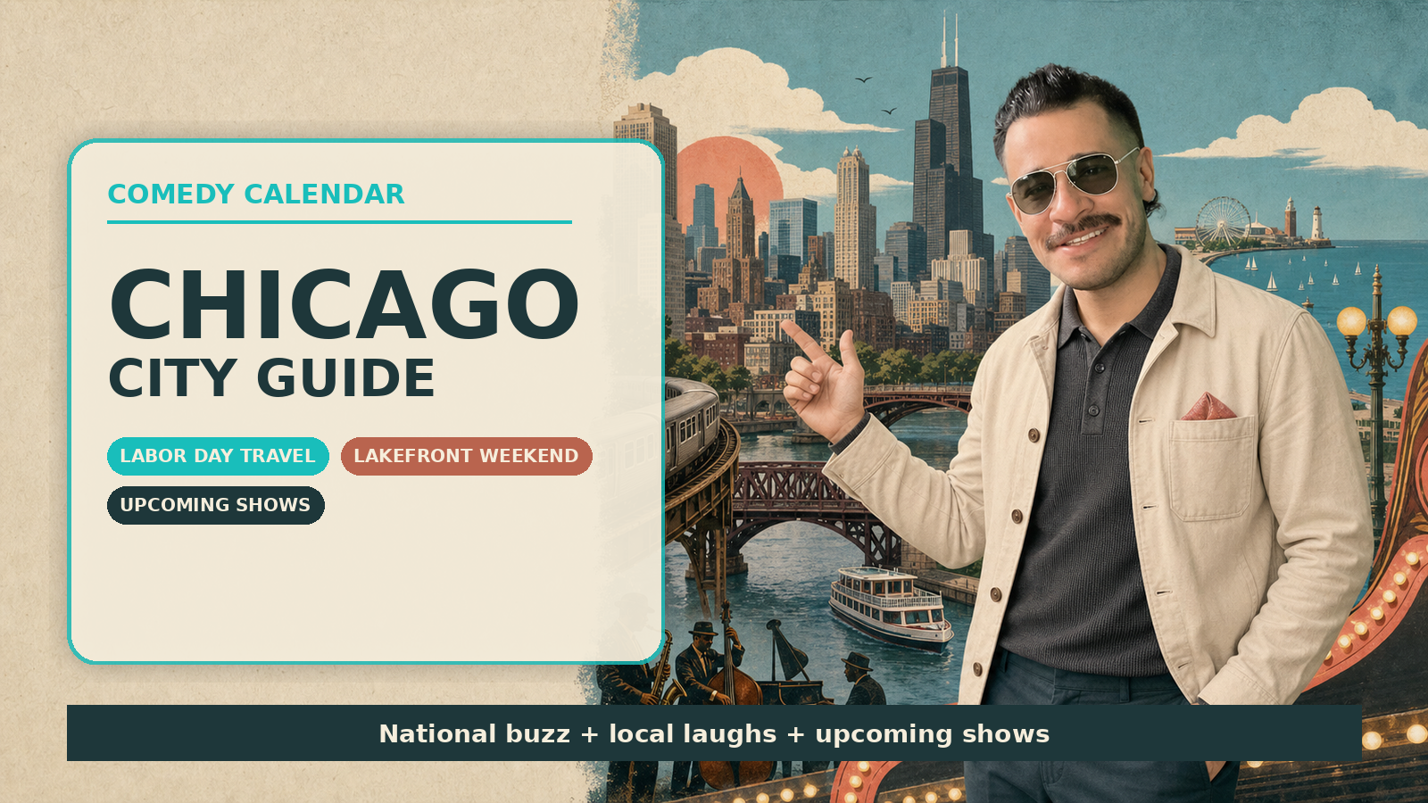 Comedy Calendar Chicago city guide horizontal header with Manny in silver vintage aviator sunglasses, cream chore jacket, Chicago skyline, Lake Michigan, elevated train, river bridges, jazz silhouettes, and upcoming comedy shows