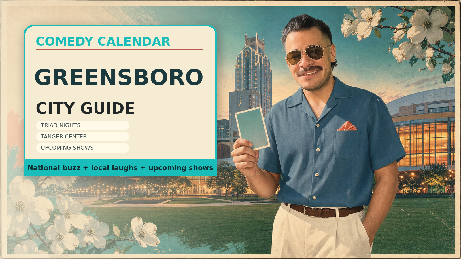 Comedy Calendar Greensboro city guide horizontal header with Manny in vintage aviator sunglasses, downtown Greensboro, Tanger Center, LeBauer Park, dogwood flowers, and Triad theater energy