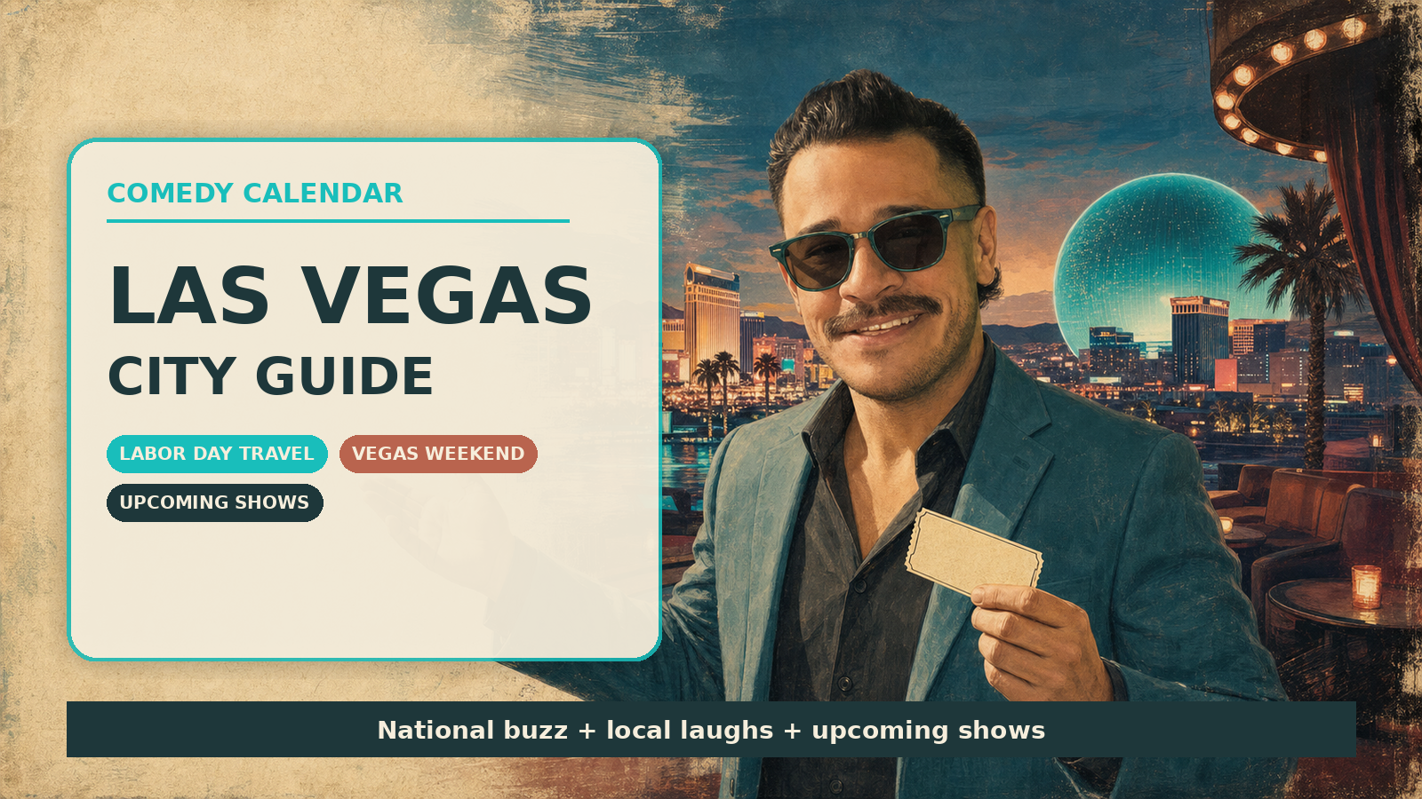 Comedy Calendar Las Vegas city guide horizontal header with Manny in teal vintage aviator sunglasses, dusty teal blazer, black open-collar shirt, blank show ticket, Las Vegas Strip dusk skyline, Sphere-inspired orb, desert mountains, and upcoming comedy shows