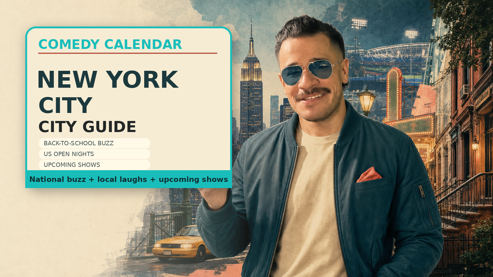 Comedy Calendar New York City guide horizontal header with Manny in clean vintage aviator sunglasses, New York skyline, subway, Broadway lights, Queens tennis stadium energy, and upcoming comedy shows