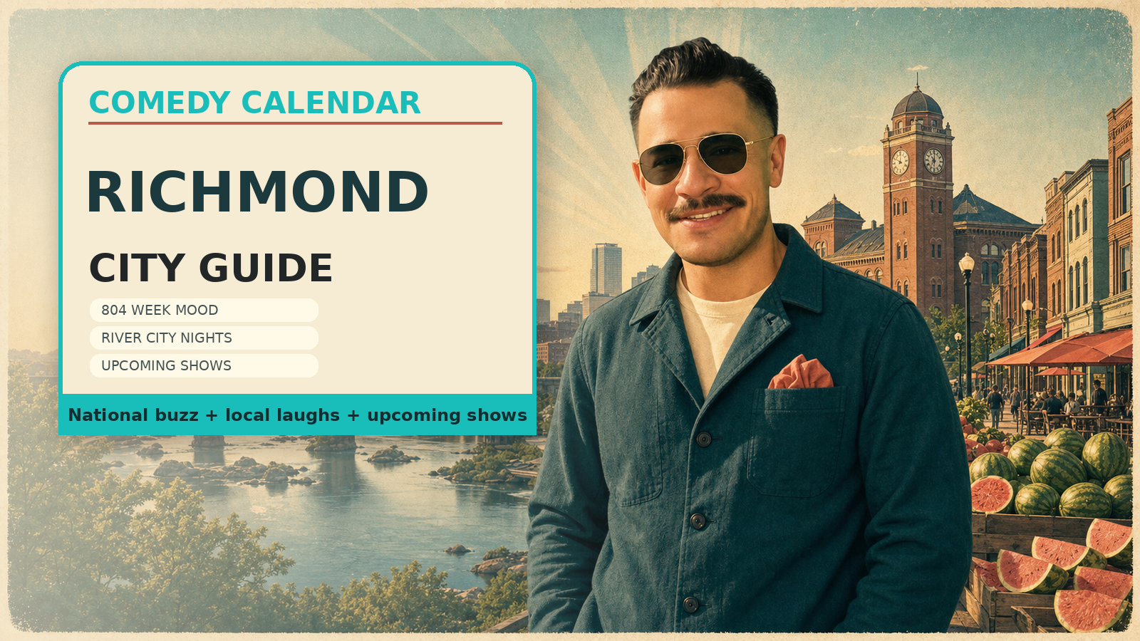 Comedy Calendar Richmond city guide horizontal header with Manny in vintage aviator sunglasses, James River, Richmond skyline, Main Street Station, Carytown, watermelon festival details, and River City theater-night energy