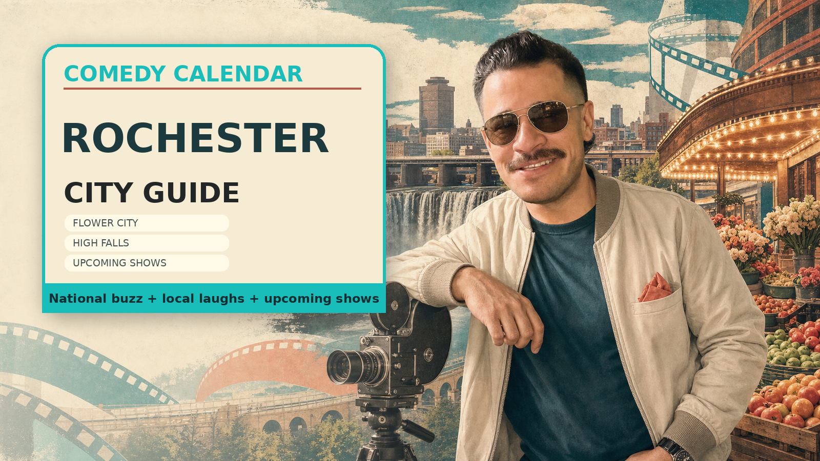 Comedy Calendar Rochester city guide horizontal header with Manny in vintage aviator sunglasses, High Falls, downtown Rochester skyline, Kodak camera details, flowers, market produce, and theater lights