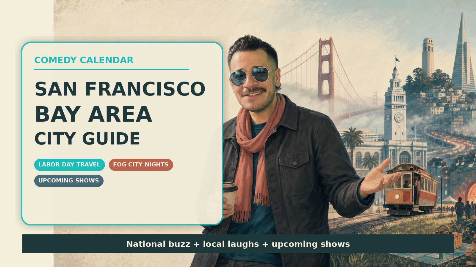 Comedy Calendar San Francisco Bay Area city guide horizontal header with Manny in steel blue vintage aviator sunglasses, charcoal chore jacket, dusty coral scarf, coffee cup, Golden Gate Bridge fog, cable car, Ferry Building, Bay Bridge, and upcoming comedy shows