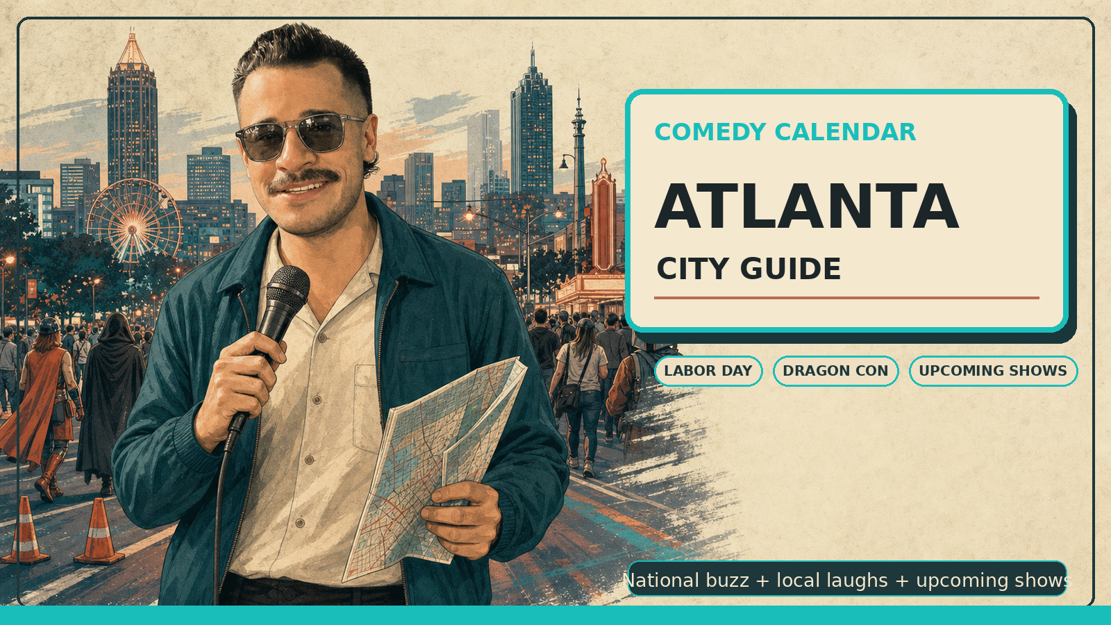 Comedy Calendar Atlanta city guide horizontal header with Manny in smoke gray vintage aviator sunglasses, cream shirt, dark teal jacket, microphone, folded MARTA map, Atlanta skyline, Peachtree Street, Dragon Con crowd silhouettes, traffic cones, and upcoming comedy shows
