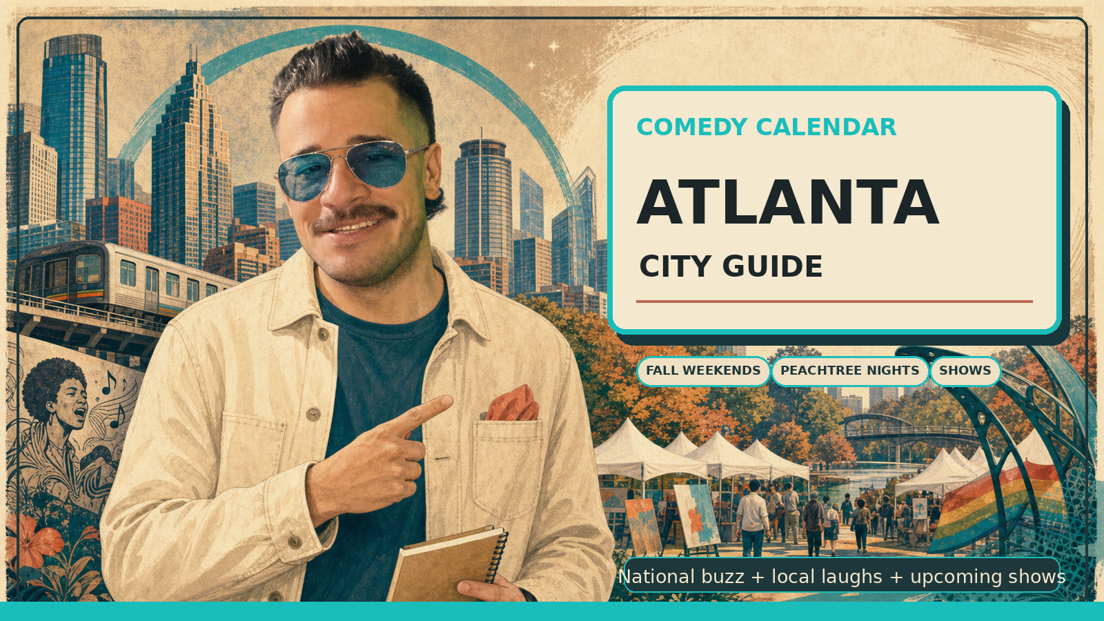 Atlanta Comedy Calendar city guide with Manny in blue vintage aviator sunglasses, cream jacket, dark teal shirt, coral pocket square, notebook, Atlanta skyline, MARTA train, Old Fourth Ward art tents, Piedmont Park fall trees, and upcoming comedy shows