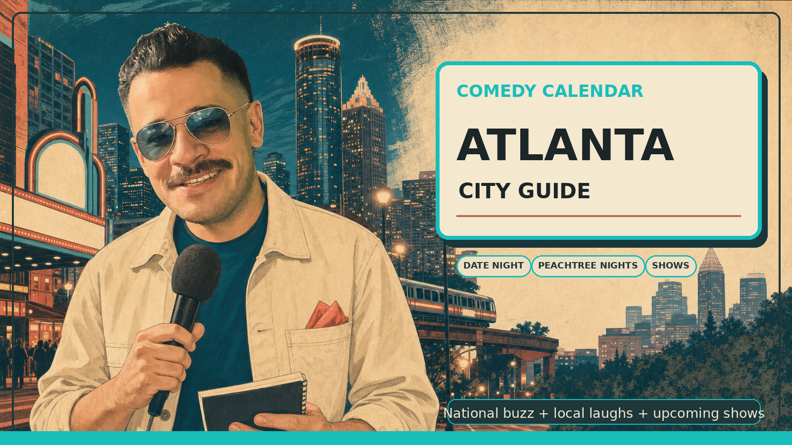 Atlanta Comedy Calendar city guide with Manny in blue vintage aviator sunglasses, cream jacket, dark teal shirt, coral pocket square, microphone, notebook, Atlanta skyline, MARTA train, theater lights, Peachtree night-out energy, and upcoming comedy shows