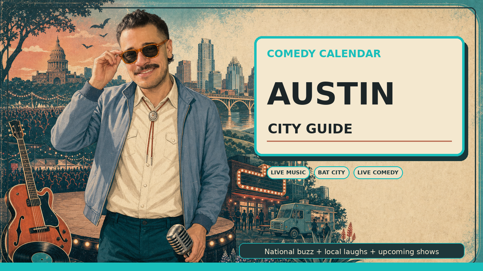 Comedy Calendar Austin city guide horizontal header with Manny in amber vintage aviator sunglasses, cream pearl snap shirt, dusty steel blue jacket, bolo tie, classic microphone, Austin skyline, Congress Avenue Bridge, bat silhouettes, Zilker Park, live music crowd lights, guitar, food truck, and upcoming comedy shows
