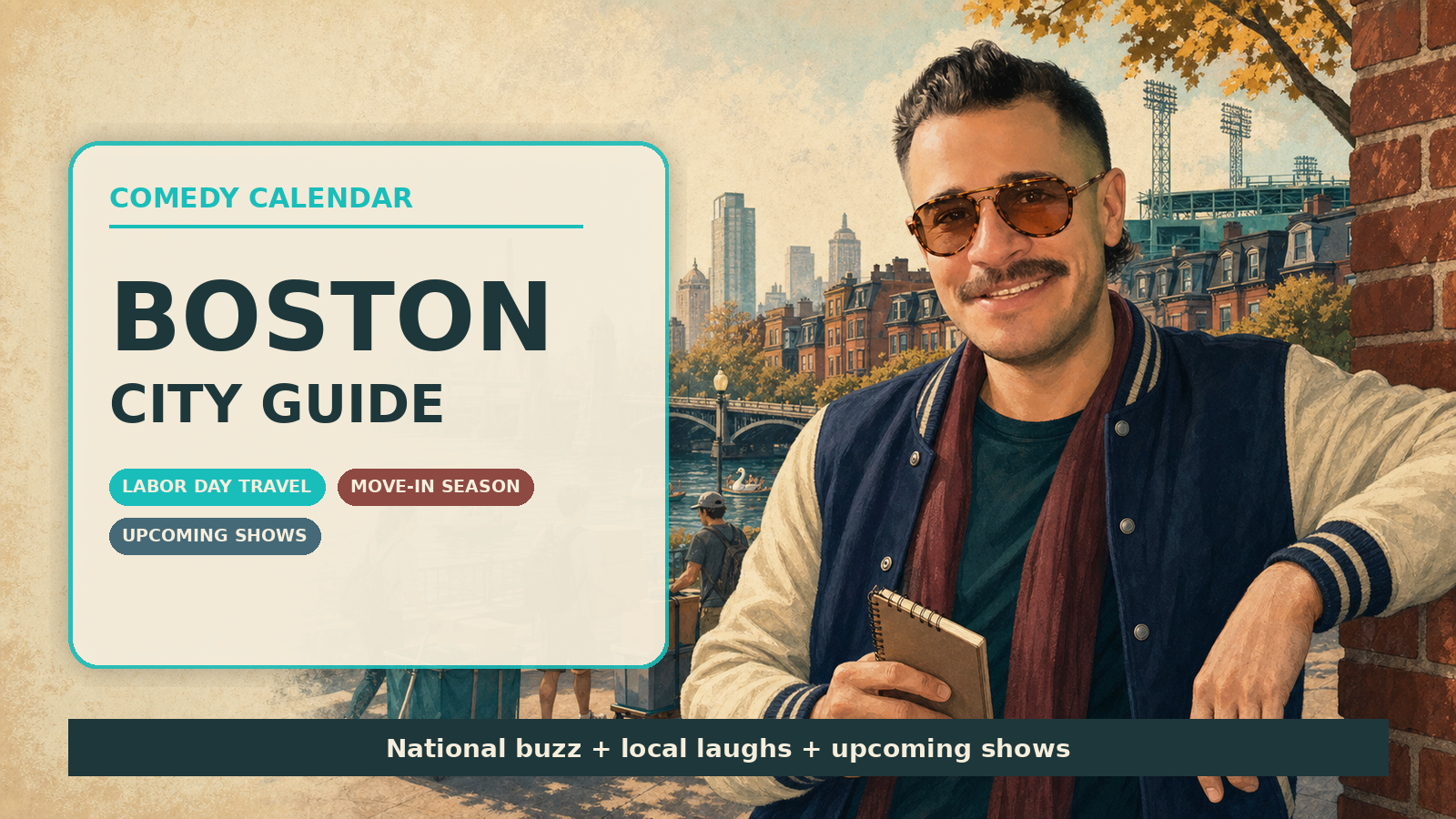 Comedy Calendar Boston city guide horizontal header with Manny in amber vintage aviator sunglasses, navy varsity jacket, burgundy scarf, notebook, Charles River, Back Bay brownstones, Zakim Bridge, Fenway lights, Swan Boats, move-in carts, and upcoming comedy shows