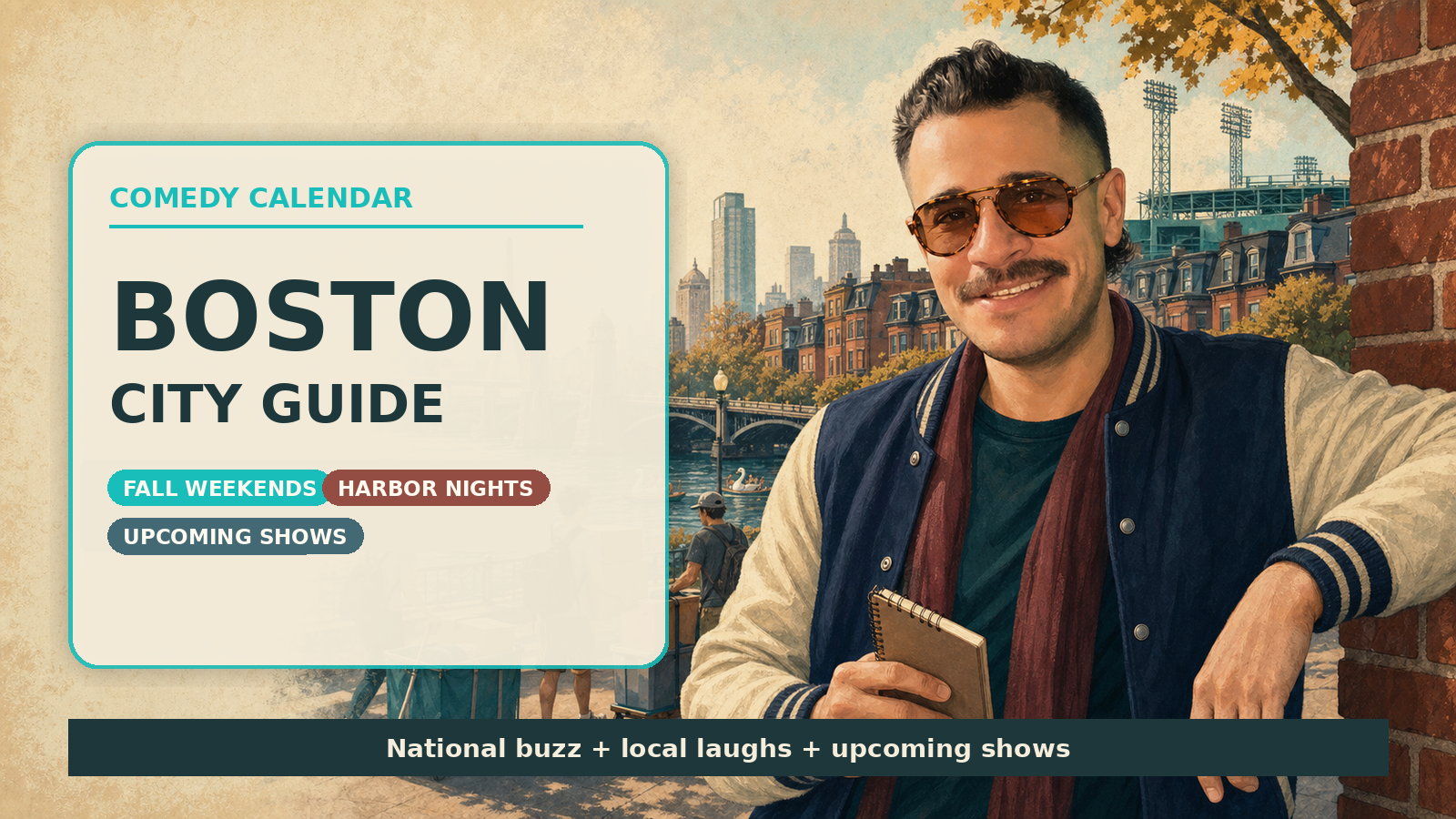 Boston Comedy Calendar city guide with Manny in amber vintage aviator sunglasses, navy varsity jacket, burgundy scarf, notebook, Charles River, Back Bay brownstones, Fenway lights, fall leaves, and upcoming comedy shows