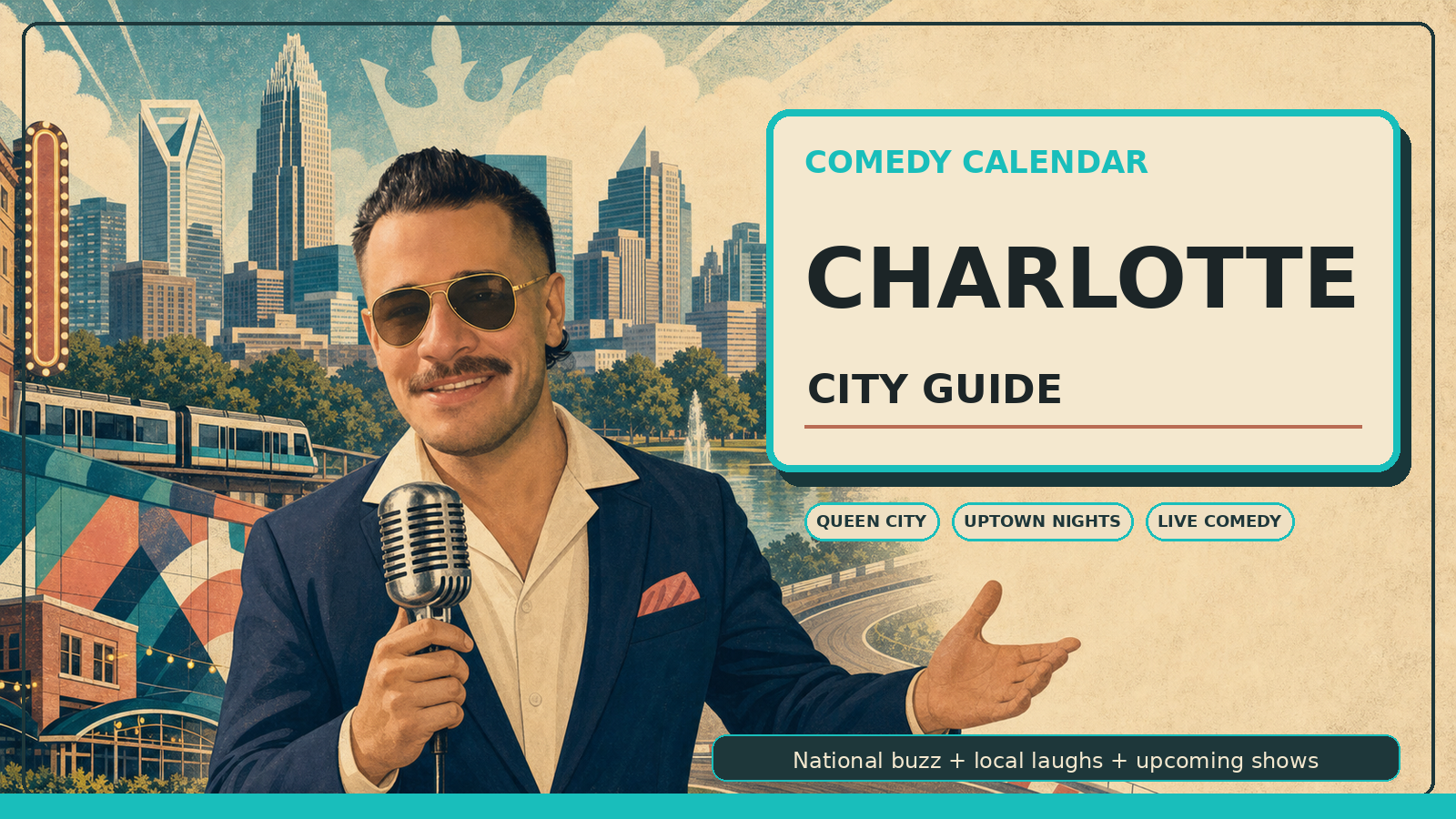 Comedy Calendar Charlotte city guide horizontal header with Manny in smoky vintage aviator sunglasses, deep navy blazer, cream camp-collar shirt, coral pocket square, classic microphone, Uptown Charlotte skyline, Bank of America Corporate Center, Queen City crown motif, Freedom Park lake, light rail, South End mural colors, theater lights, and upcoming comedy shows