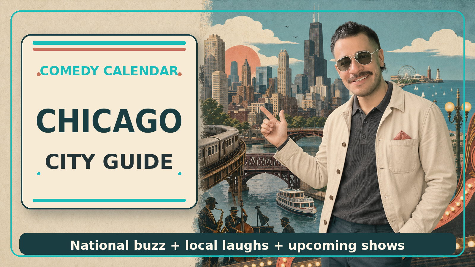 Chicago Comedy Calendar city guide with Manny in silver vintage aviator sunglasses, cream jacket, Chicago skyline, elevated train, river bridges, Lake Michigan, theater marquee, and upcoming comedy shows