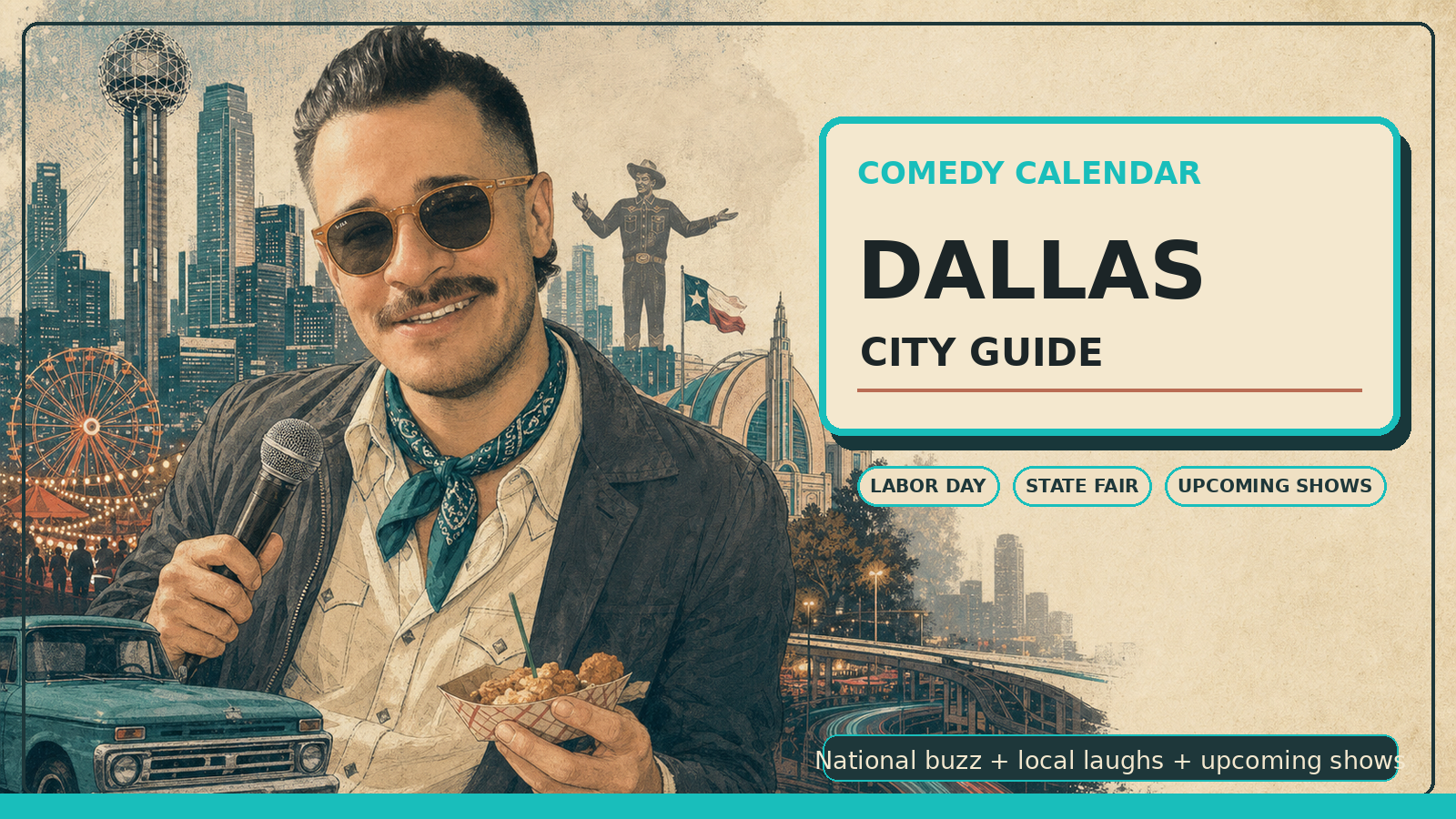 Comedy Calendar Dallas city guide horizontal header with Manny in amber vintage aviator sunglasses, cream western shirt, charcoal jacket, teal bandana, microphone, fried food tray, Reunion Tower, Fair Park art deco shapes, Big Tex inspired silhouette, highway lights, and upcoming comedy shows