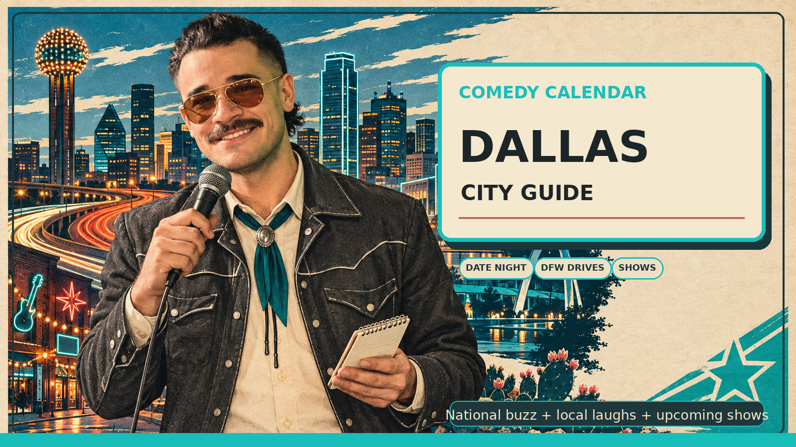 Dallas Comedy Calendar city guide with Manny in amber vintage aviator sunglasses, charcoal western jacket, cream shirt, dark teal bolo detail, microphone, notebook, Reunion Tower, Dallas skyline, theater lights, highway light trails, and upcoming comedy shows