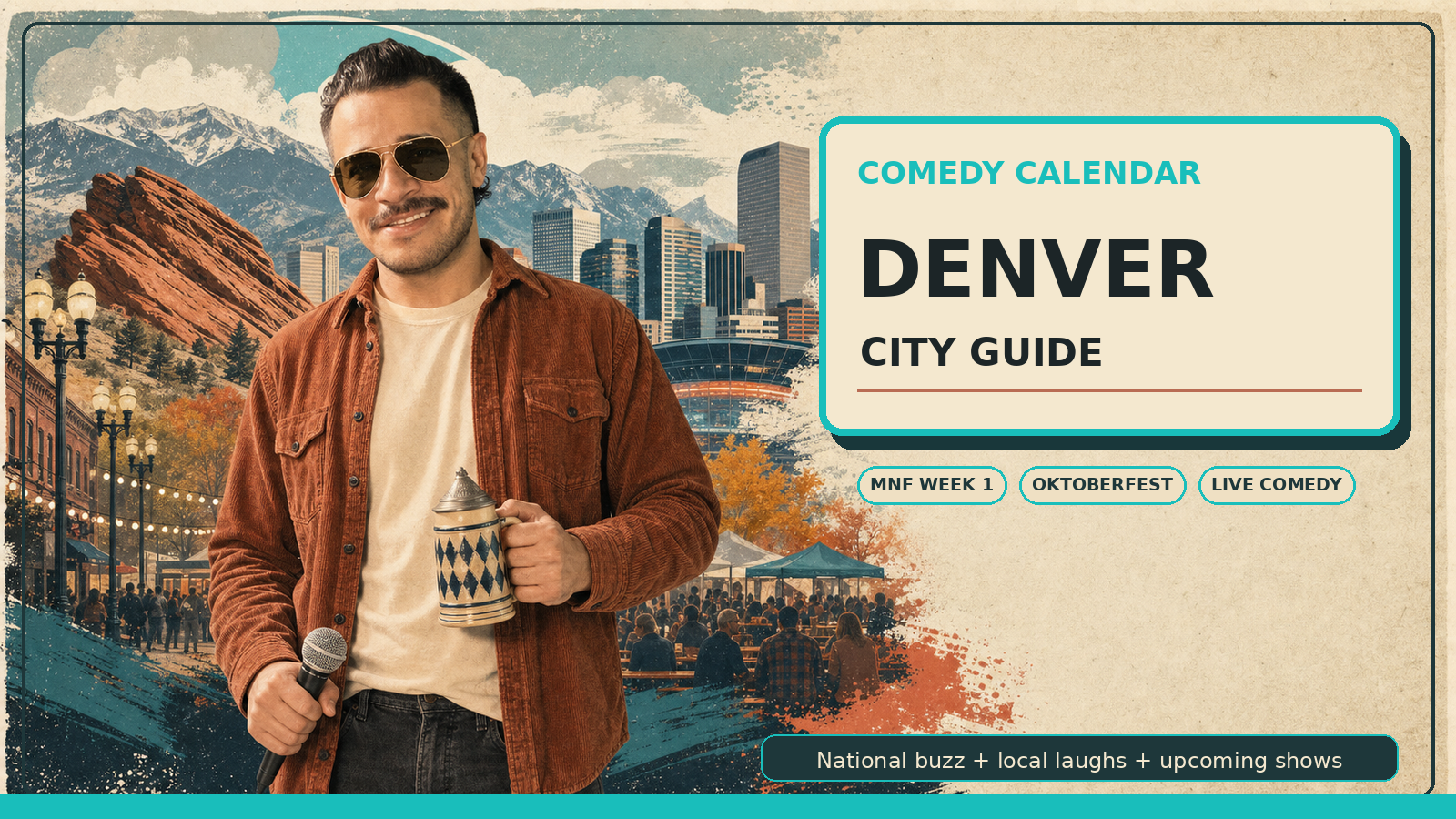 Comedy Calendar Denver city guide horizontal header with Manny in rust overshirt, cream tee, bronze aviator sunglasses, microphone, Denver skyline, Rocky Mountains, Red Rocks sandstone, Ballpark District lights, Oktoberfest cues, Broncos stadium glow, and upcoming comedy shows