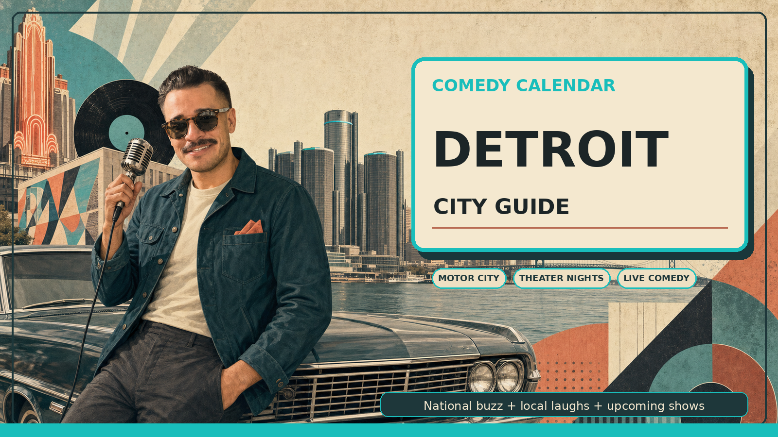 Comedy Calendar Detroit city guide horizontal header with Manny in a dark teal mechanic jacket, smoky vintage aviator sunglasses, classic microphone, vintage Detroit car, Renaissance Center skyline, Detroit riverfront, Ambassador Bridge, Fox Theatre style lights, Motown vinyl shapes, design festival geometry, and upcoming comedy shows