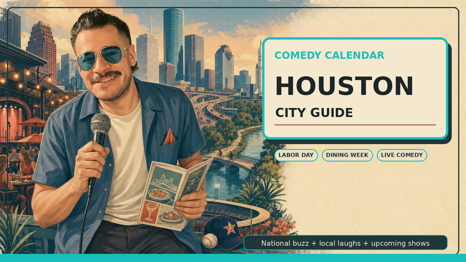 Comedy Calendar Houston city guide horizontal header with Manny in blue overshirt, cream tee, brushed silver teal aviator sunglasses, microphone, restaurant week menu, Houston skyline, bayou, freeway ribbons, Space Center rocket, restaurant lights, and upcoming comedy shows