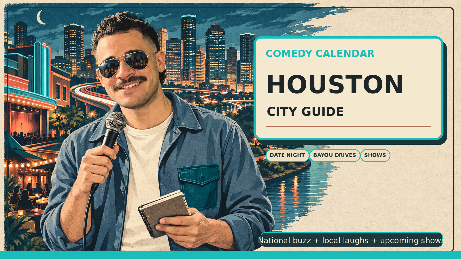 Houston Comedy Calendar city guide with Manny in brushed silver vintage aviator sunglasses, steel-blue overshirt, cream tee, dark teal pocket detail, microphone, notebook, Houston skyline, bayou, freeway light trails, theater glow, and upcoming comedy shows
