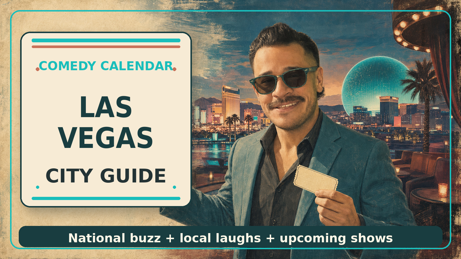 Las Vegas Comedy Calendar city guide with Manny in teal vintage aviator sunglasses, teal blazer, black open-collar shirt, blank show ticket, Las Vegas Strip skyline, Sphere-inspired orb, desert mountains, and upcoming comedy shows