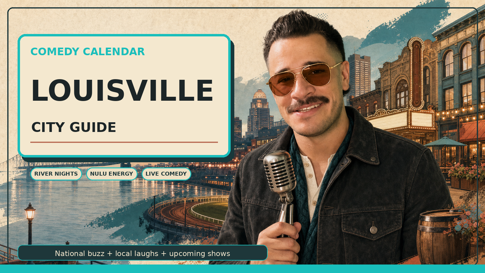Comedy Calendar Louisville city guide horizontal header with Manny in bourbon-tinted vintage aviator sunglasses, charcoal suede jacket, cream shirt, dark teal scarf, classic microphone, Ohio River waterfront, Big Four Bridge, Louisville skyline, Palace theater lights, NuLu storefront energy, bourbon barrel detail, horse-track rail curves, and upcoming comedy shows