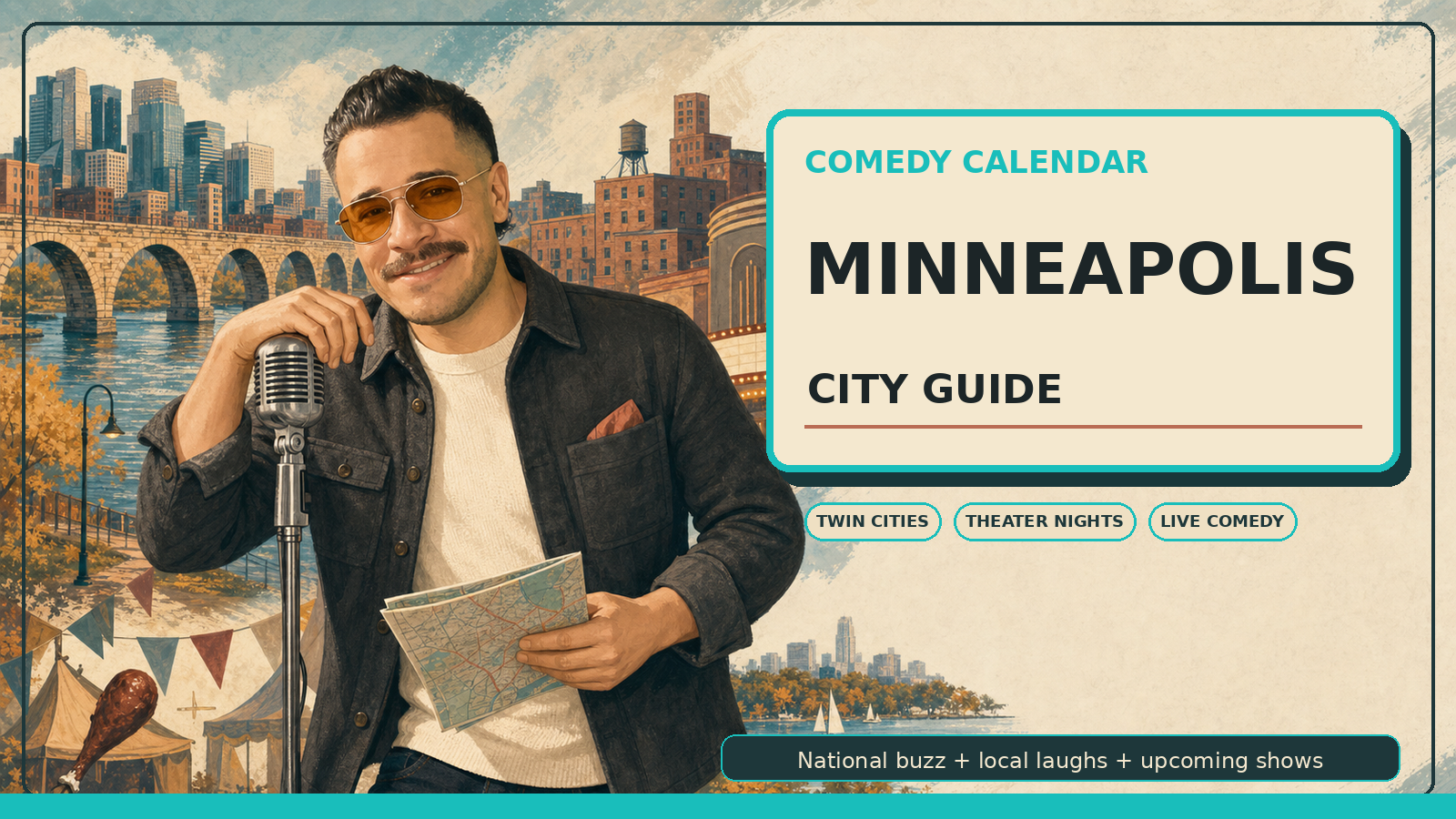 Comedy Calendar Minneapolis city guide horizontal header with Manny in a charcoal overshirt, amber vintage aviator sunglasses, vintage microphone stand, folded city map, Stone Arch Bridge, Minneapolis skyline, Mississippi River, Mill City brick texture, autumn leaves, theater lights, and upcoming comedy shows