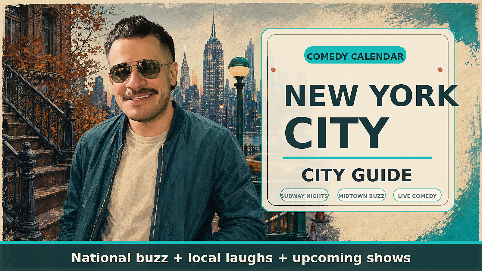 New York City Comedy Calendar city guide with Manny in smoky vintage aviator sunglasses, dark teal jacket, Manhattan skyline, Brooklyn stoop, subway-night energy, UN week traffic details, and upcoming comedy shows