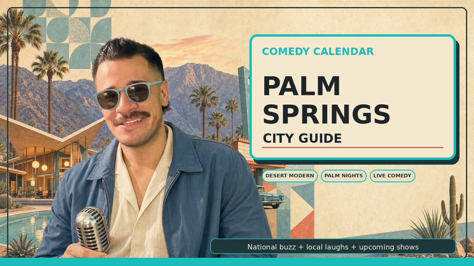 Comedy Calendar Palm Springs city guide horizontal header with Manny in pale teal vintage aviator sunglasses, cream linen camp-collar shirt, steel-blue desert jacket, classic microphone, San Jacinto mountains, tall palms, midcentury modern butterfly-roof homes, desert pool glow, Plaza Theatre shapes, Modernism Week geometric patterns, cactus accents, and upcoming comedy shows