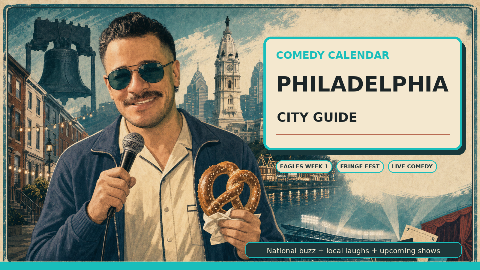 Comedy Calendar Philadelphia city guide horizontal header with Manny in a navy track jacket, cream bowling shirt, dark teal aviator sunglasses, microphone, soft pretzel, Liberty Bell, City Hall, Boathouse Row, South Philly rowhomes, Eagles week stadium glow, Fringe Festival theater cues, and upcoming comedy shows