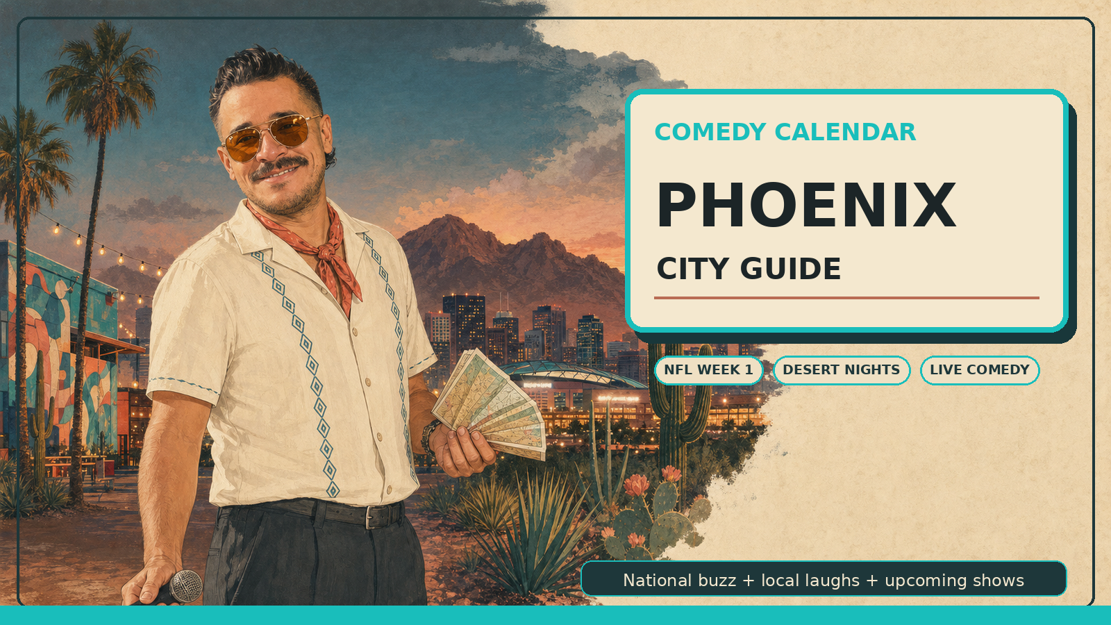 Comedy Calendar Phoenix city guide horizontal header with Manny in cream linen shirt, coral neckerchief, amber aviator sunglasses, microphone, desert map fan, Camelback Mountain, downtown Phoenix skyline, Roosevelt Row lights, saguaro cactus, monsoon clouds, and upcoming comedy shows