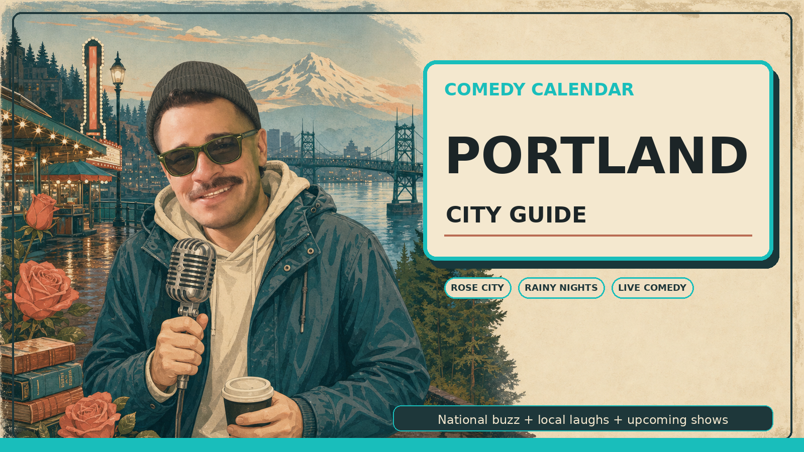 Comedy Calendar Portland city guide horizontal header with Manny in dark moss green vintage aviator sunglasses, charcoal beanie, dark teal rain jacket, cream hoodie, classic microphone, coffee cup, Willamette River, Portland bridge, Mount Hood, roses, evergreen trees, book stacks, food cart lights, wet pavement, theater marquee glow, and upcoming comedy shows