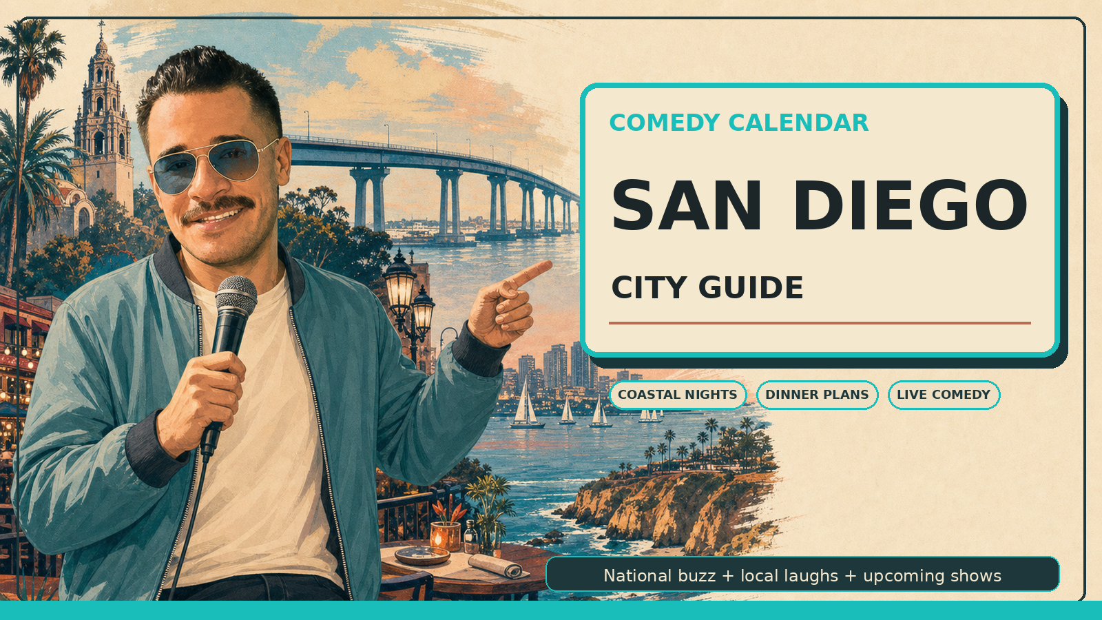 Comedy Calendar San Diego city guide horizontal header with Manny in a dusty teal bomber jacket, steel-blue vintage aviator sunglasses, microphone, Coronado Bridge, Balboa Park tower, Gaslamp Quarter lights, La Jolla Cove, harbor sailboats, coastal dinner table detail, and upcoming comedy shows