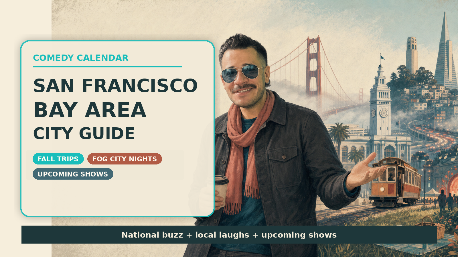 San Francisco Bay Area Comedy Calendar city guide with Manny in blue aviator sunglasses, charcoal jacket, coral scarf, Golden Gate Bridge fog, cable car, Ferry Building, Transamerica Pyramid, Bay Bridge traffic, and upcoming comedy shows