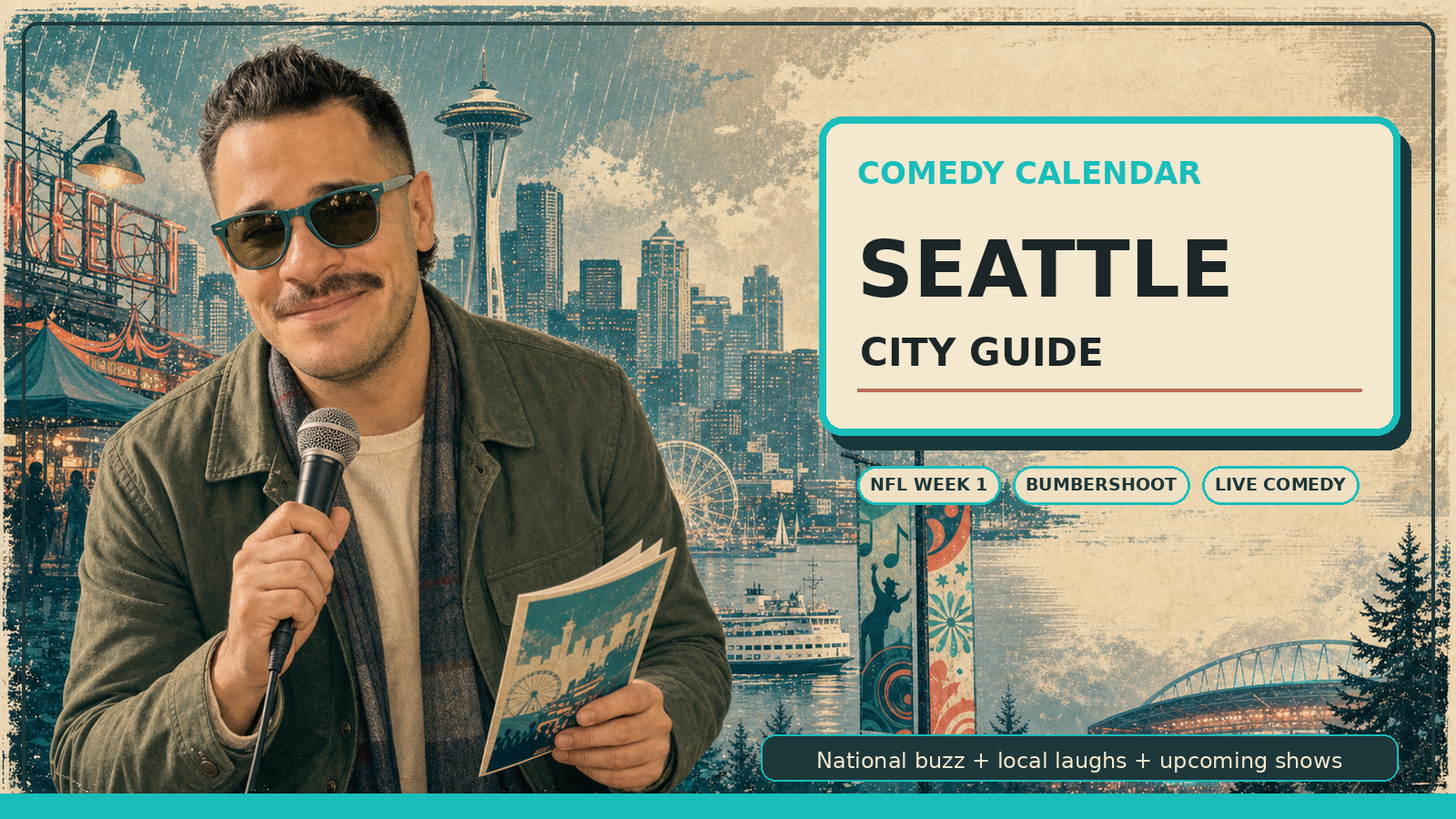 Comedy Calendar Seattle city guide horizontal header with Manny in moss green jacket, cream shirt, dark teal aviator sunglasses, microphone, Seattle skyline, Space Needle, Elliott Bay ferry, festival banners, Lumen Field glow, rain texture, and upcoming comedy shows