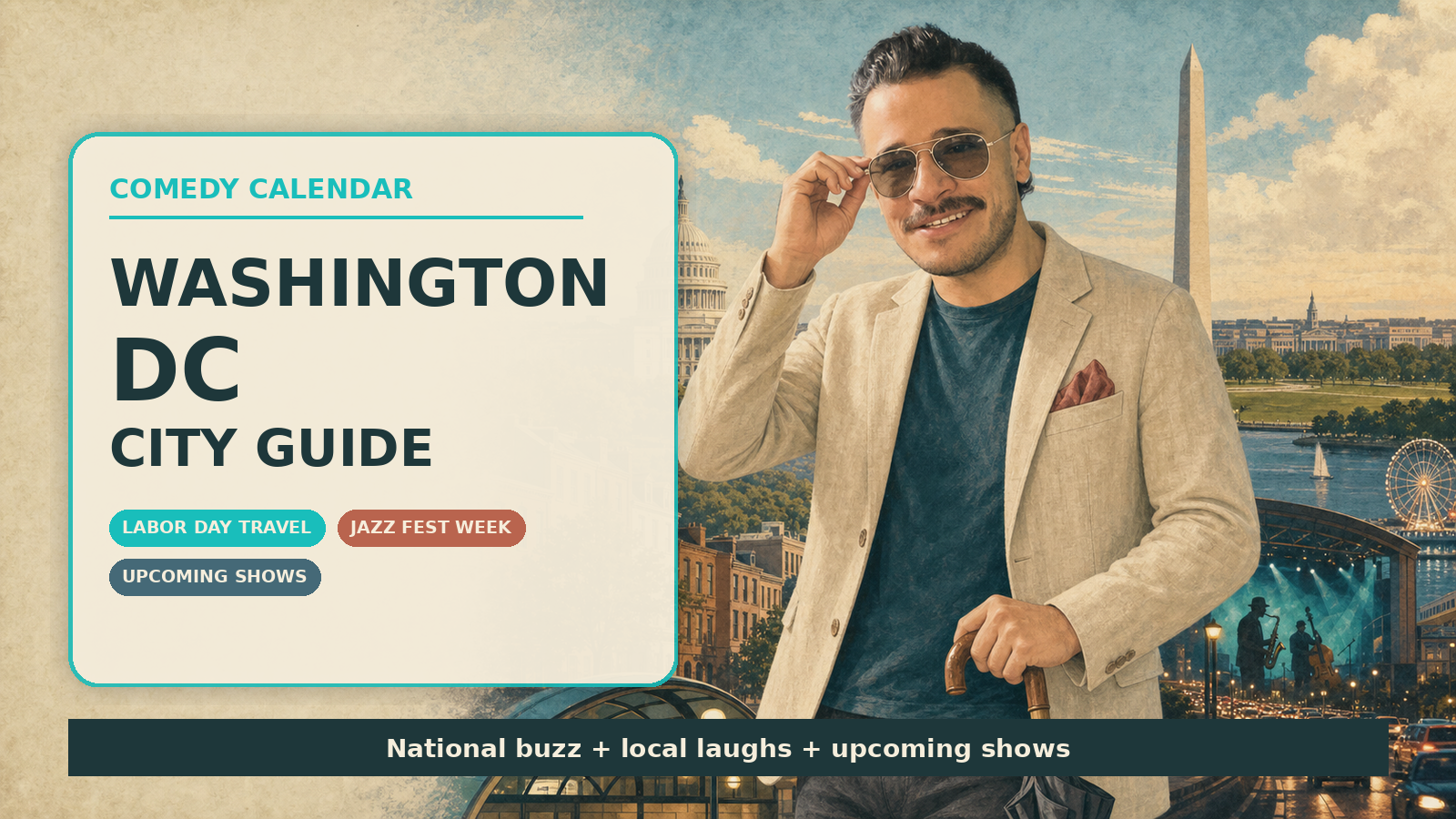 Comedy Calendar Washington DC city guide horizontal header with Manny in smoke gray vintage aviator sunglasses, cream linen jacket, dark teal shirt, red pocket square, umbrella, Capitol, Washington Monument, Potomac, Metro entrance shape, Wharf jazz lights, and upcoming comedy shows