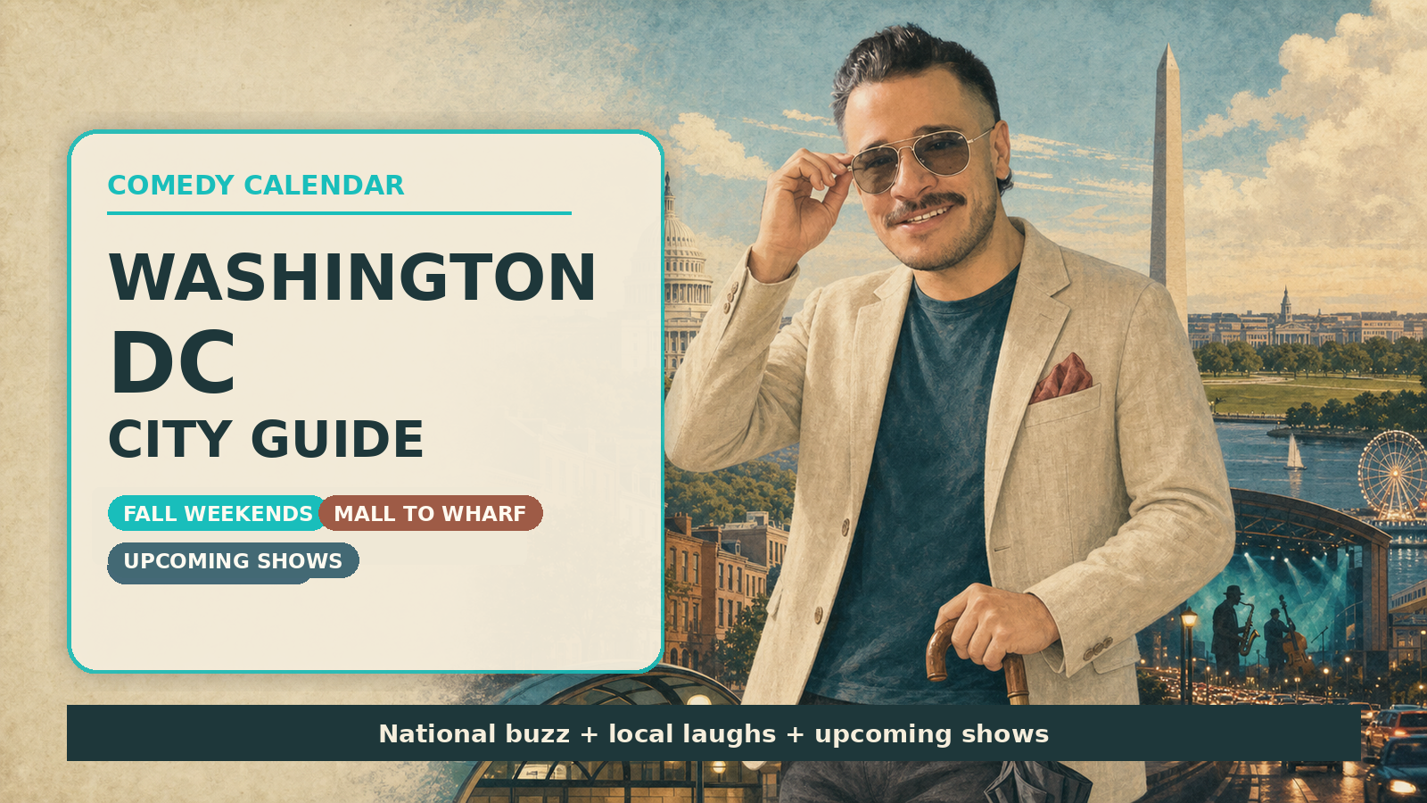 Washington DC Comedy Calendar city guide with Manny in gray vintage aviator sunglasses, cream jacket, dark teal shirt, red pocket square, notebook, Capitol, Washington Monument, Potomac, Wharf lights, fall festival badges, and upcoming comedy shows