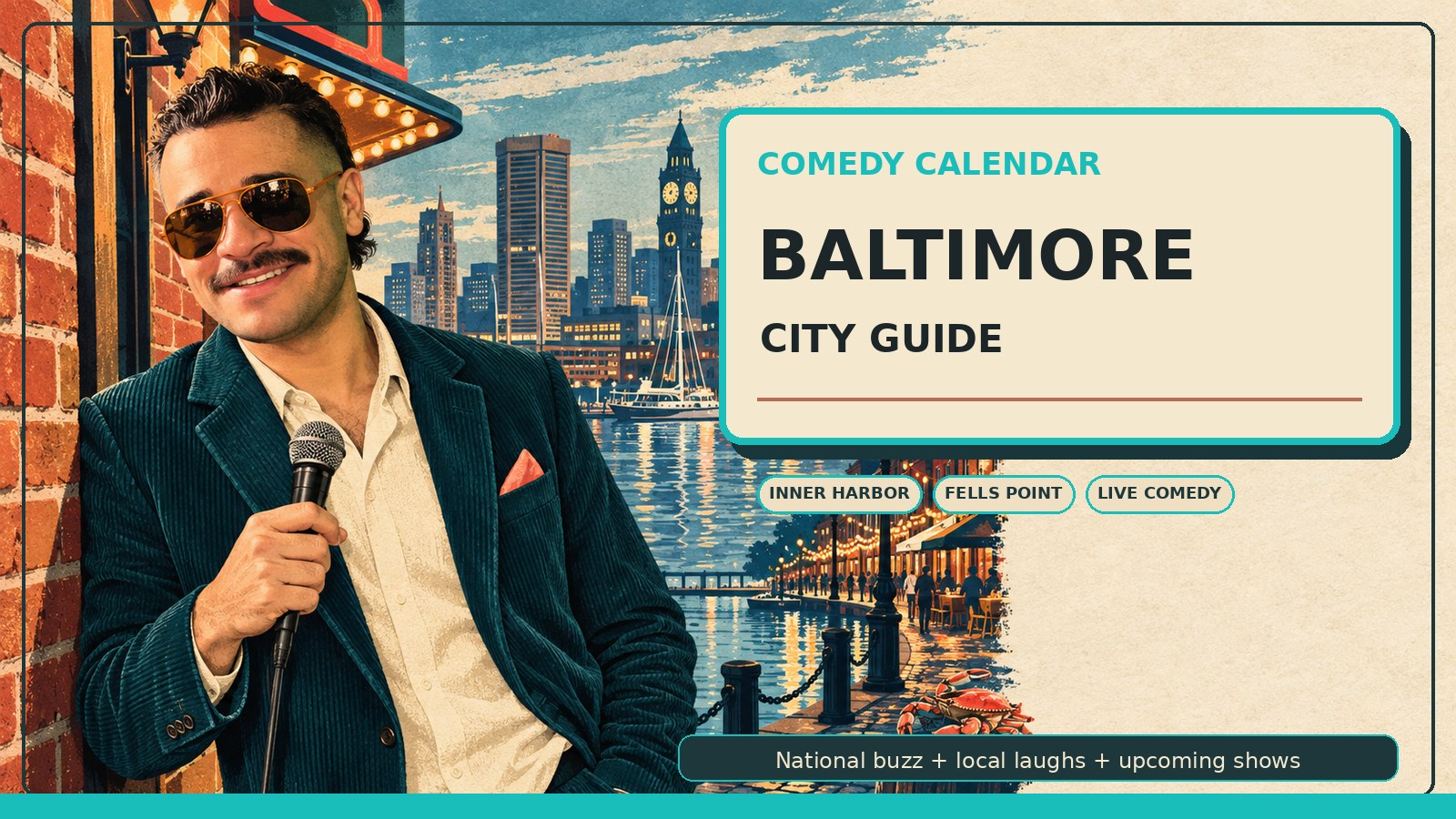 Baltimore Comedy Calendar city guide with Manny in warm amber vintage aviator sunglasses, dark teal corduroy jacket, cream shirt, restrained coral pocket square, microphone, Inner Harbor water, Bromo Seltzer clock tower, Baltimore rowhouse brick, theater lights, Fells Point night-out mood, crab-shell warm accents, and upcoming comedy shows