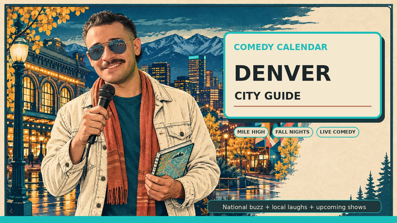 Denver Comedy Calendar city guide with Manny in smoky steel-blue vintage aviator sunglasses, cream denim jacket, dark teal shirt, muted coral scarf, microphone, trail-map notebook, downtown Denver skyline, Rocky Mountain foothills, Union Station-style arches, fall aspen accents, theater glow, and upcoming comedy shows