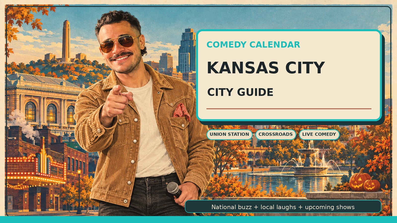 Kansas City Comedy Calendar city guide with Manny in gold-frame vintage aviator sunglasses, tan corduroy western jacket with pearl snaps, cream t-shirt, muted coral bandana, pointing and holding a microphone, Union Station, Liberty Memorial tower, Country Club Plaza fountain, autumn trees, Halloween pumpkins, Crossroads barbecue smoke, and upcoming comedy shows
