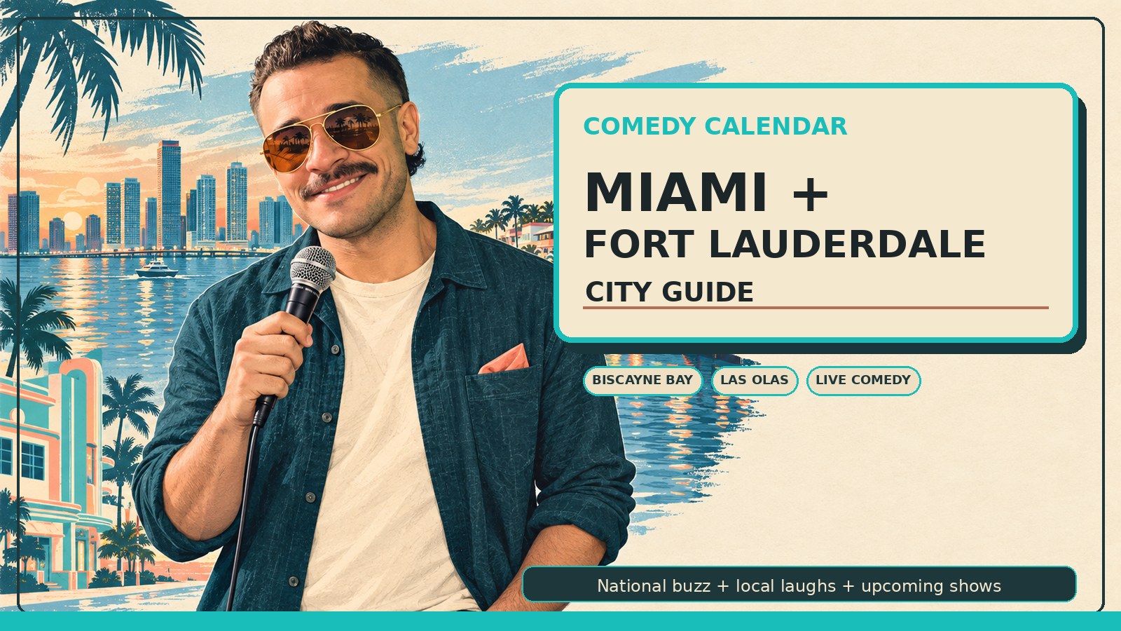 Miami and Fort Lauderdale Comedy Calendar city guide with Manny in warm aviator sunglasses, dark teal overshirt, cream shirt, muted coral accent, microphone, Miami skyline, Biscayne Bay, Art Deco shapes, Fort Lauderdale canal lights, palm trees, and upcoming comedy shows