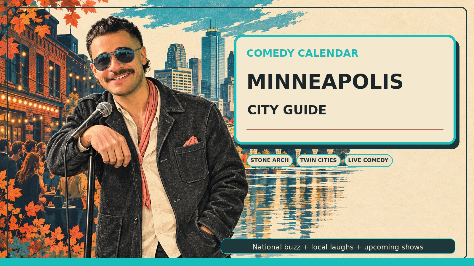 Minneapolis Comedy Calendar city guide with Manny in smoked steel-blue vintage aviator sunglasses, charcoal wool chore jacket, cream shirt, muted coral scarf, microphone, Stone Arch Bridge, Mississippi River, Minneapolis skyline, Mill City brick texture, theater lights, autumn leaves, and upcoming comedy shows