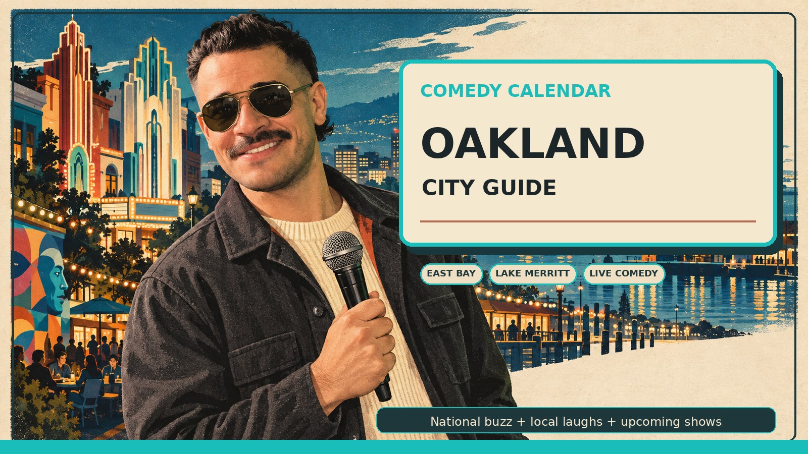 Oakland Comedy Calendar city guide with Manny in dark olive-bronze vintage aviator sunglasses, charcoal chore coat, cream knit shirt, restrained rust-coral accent, microphone, Fox Theater and Paramount-inspired art deco shapes, Lake Merritt lights, Oakland cranes, bay water, Jack London Square nightlife, murals, East Bay hills, and upcoming comedy shows