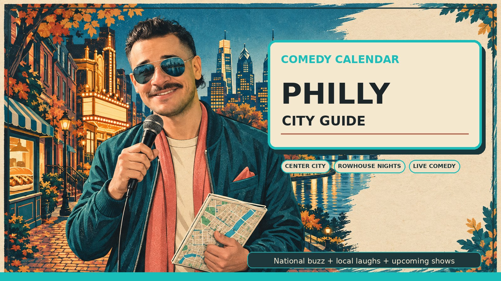 Philadelphia Comedy Calendar city guide with Manny in warm steel-blue vintage aviator sunglasses, dark teal bomber jacket, cream shirt, muted coral detail, microphone, folded city map, Center City skyline, rowhouse stoops, Schuylkill river lights, autumn trees, theater glow, and upcoming comedy shows
