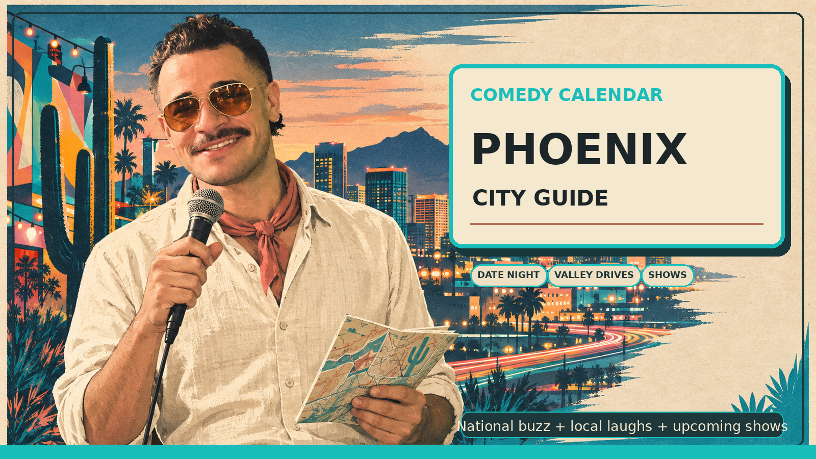 Phoenix Comedy Calendar city guide with Manny in amber vintage aviator sunglasses, cream linen shirt, muted coral neckerchief, microphone, folded desert map, downtown Phoenix skyline, Camelback Mountain, Roosevelt Row-style lights, saguaro cactus, desert dusk, and upcoming comedy shows