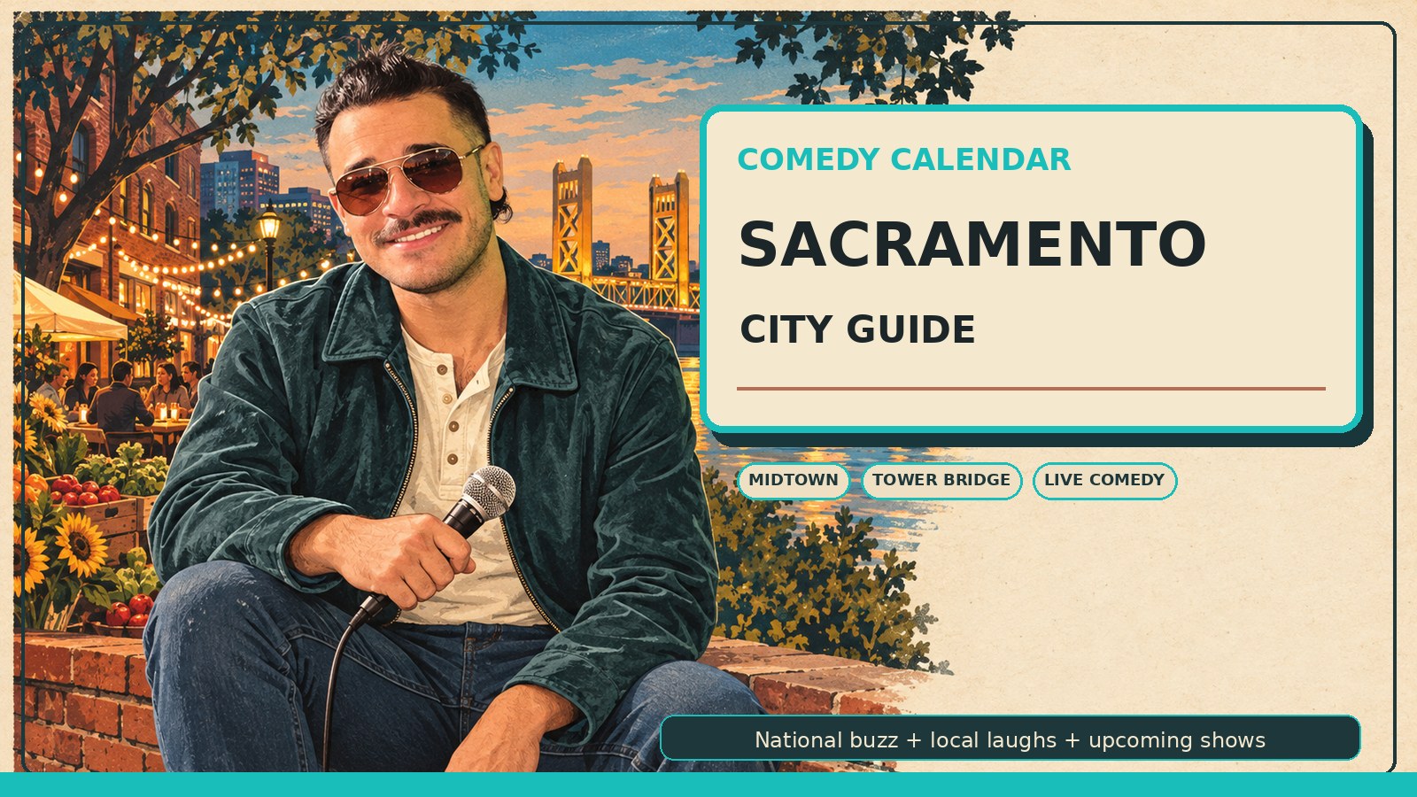 Sacramento Comedy Calendar city guide with Manny in smoked copper vintage aviator sunglasses, dusty dark-teal suede jacket, cream henley shirt, restrained warm coral accent, microphone, Tower Bridge, State Capitol dome, Midtown patio lights, tree canopy, river reflection, old brick warehouse texture, farm-to-fork market colors, and upcoming comedy shows