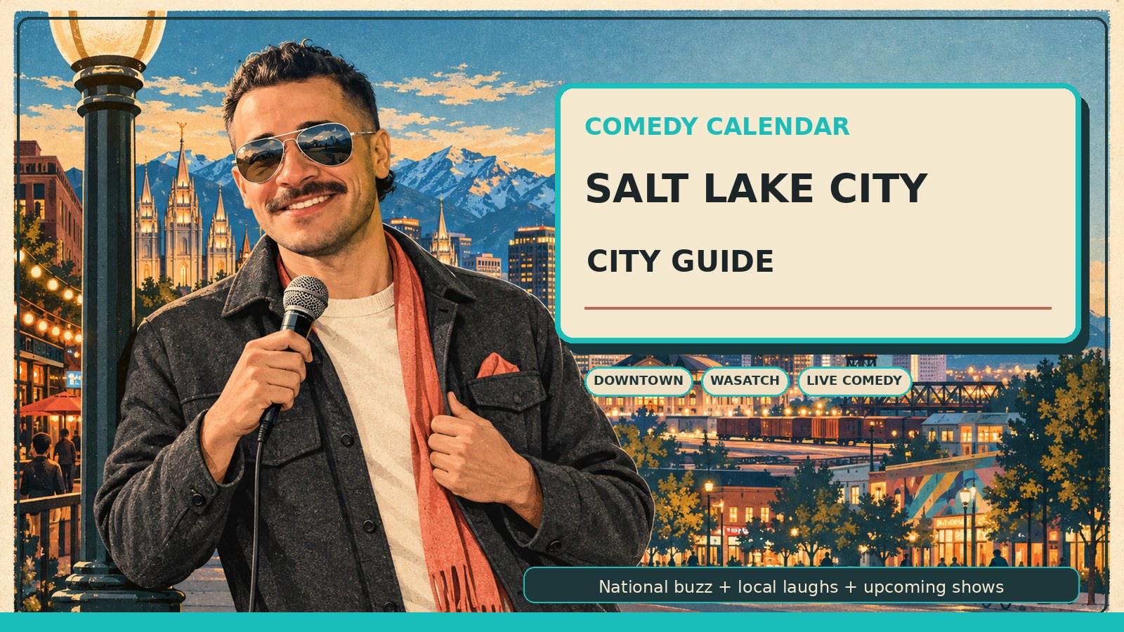 Salt Lake City Comedy Calendar city guide with Manny in frosted silver vintage aviator sunglasses, charcoal alpine wool overshirt, cream crewneck, muted coral accent, microphone, Wasatch Mountains, downtown Salt Lake skyline, Temple Square-inspired historic spires, The Depot and Gateway-inspired rail shapes, 300 South nightlife lights, Sugar House and Central Ninth mood, and upcoming comedy shows