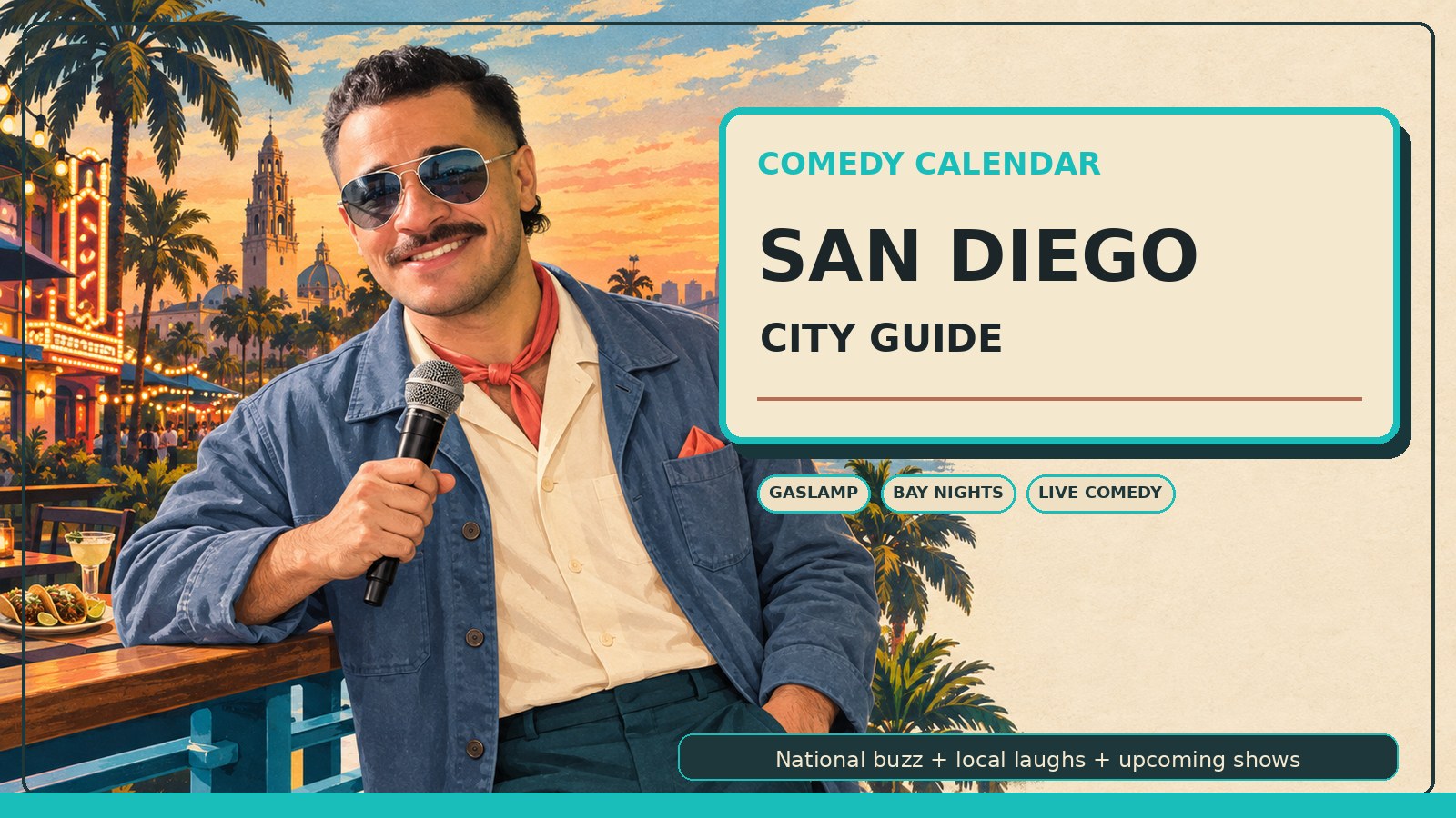 San Diego Comedy Calendar city guide with Manny in silver vintage aviator sunglasses, cream camp-collar shirt, dusty steel-blue jacket, microphone, Coronado Bridge, Balboa Park tower, Gaslamp lights, harbor sailboats, palm trees, coastal sunset, and upcoming comedy shows